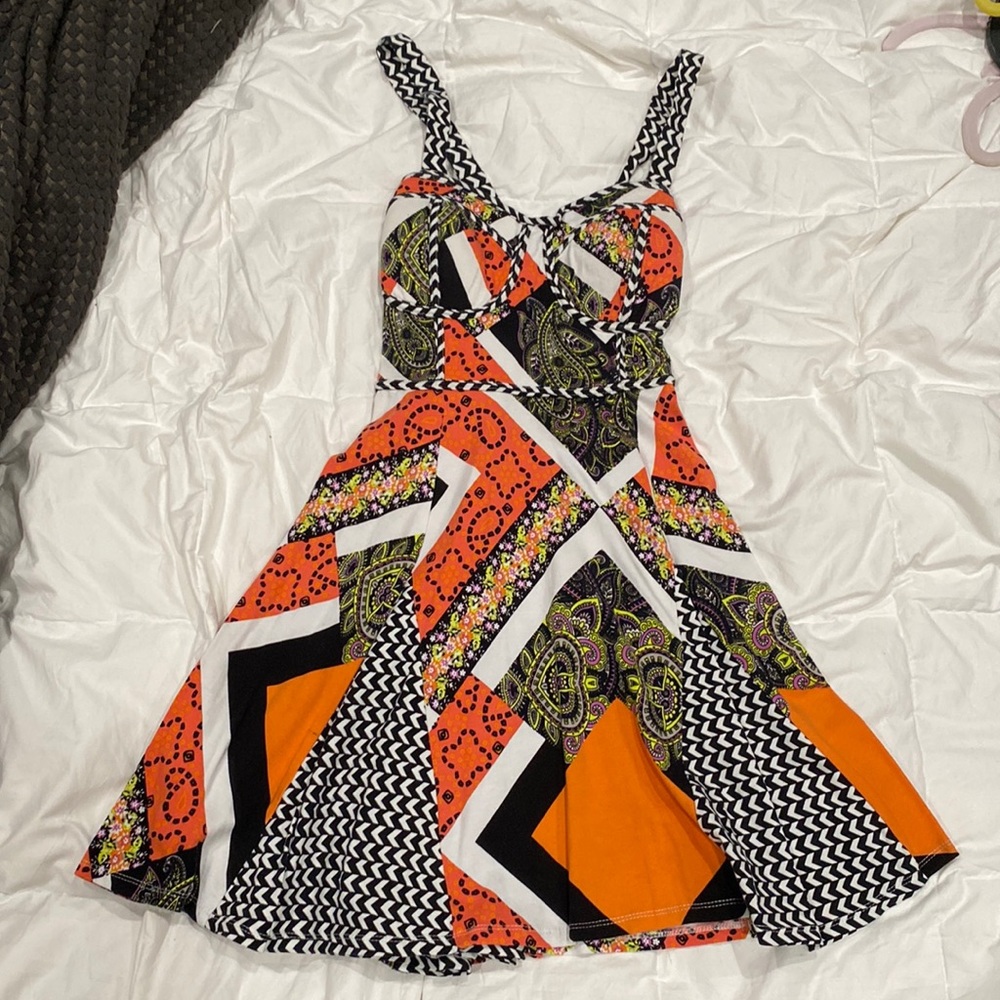 Cute colorful orange black paisley mini summer fall dress, size medium